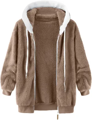 LCMTWX Fleece Jacket Women Loose Solid Color Artificial Wool Zipper Drawstring Long-Sleeved Hoodie Oversized Fluffy Winter