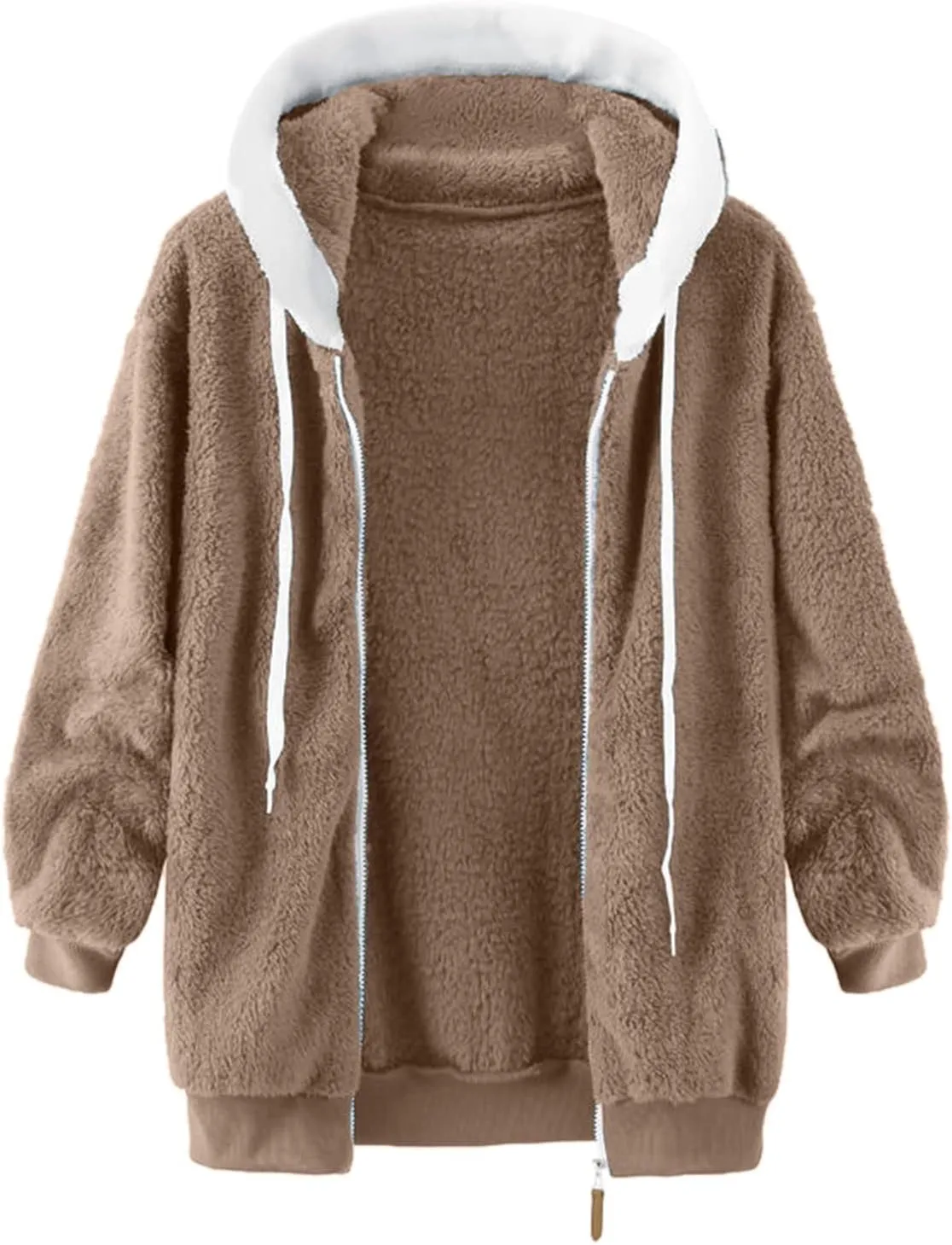 LCMTWX Fleece Jacket Women Loose Solid Color Artificial Wool Zipper Drawstring Long-Sleeved Hoodie Oversized Fluffy Winter