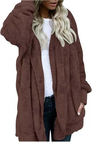 LCMTWX Fleece Jacket Women Patchwork Hooded Zipper Pocket Plush Sweater Jacket Oversized Fluffy Outerwear Sherpa