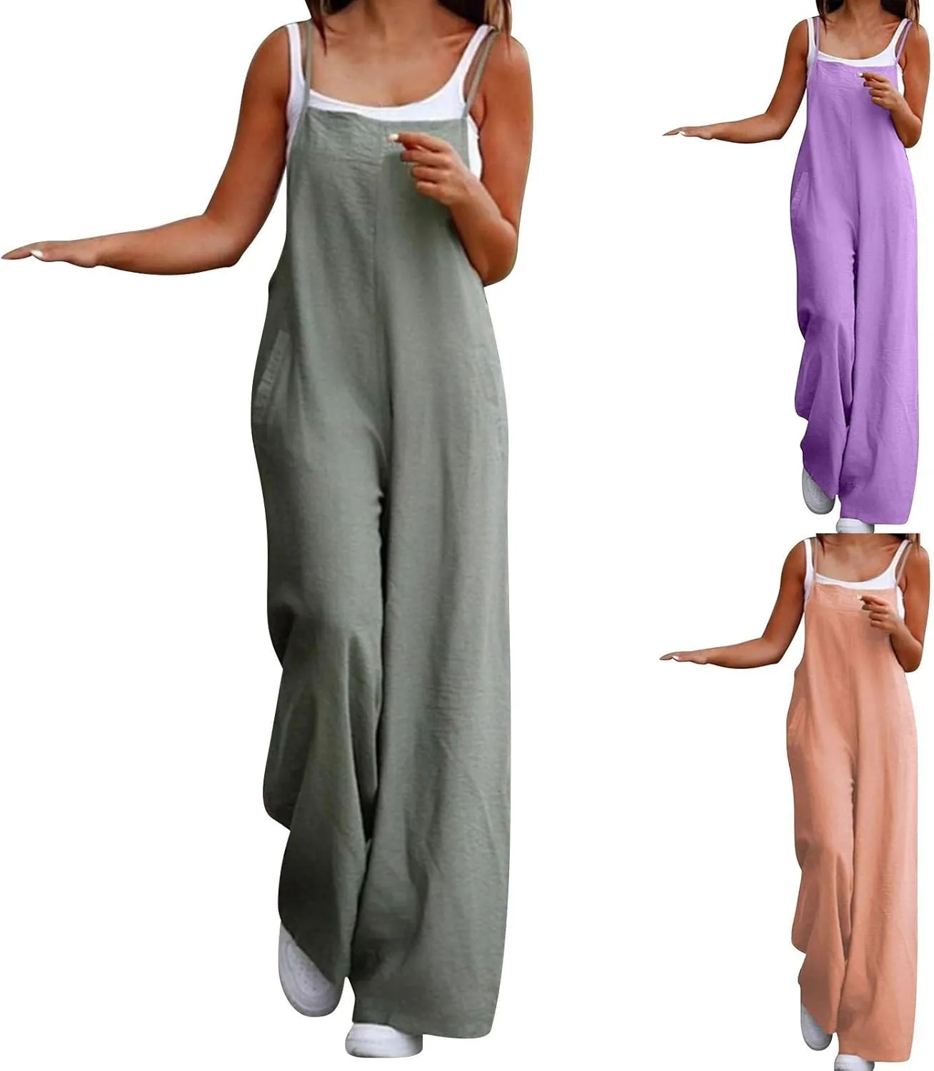 LCMTWX Jumpsuit for Women Casual Loose Sleeveless Adjustable Spaghetti Strap Stretchy Overalls Wide Romper for Womens