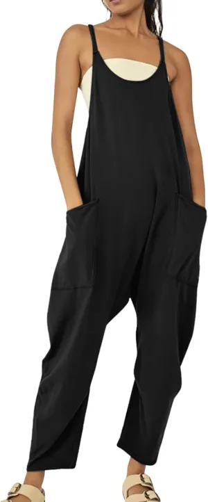 LCMTWX Jumpsuit for Women Casual Loose Sleeveless Adjustable Spaghetti Strap Stretchy Overalls Wide Romper for Womens