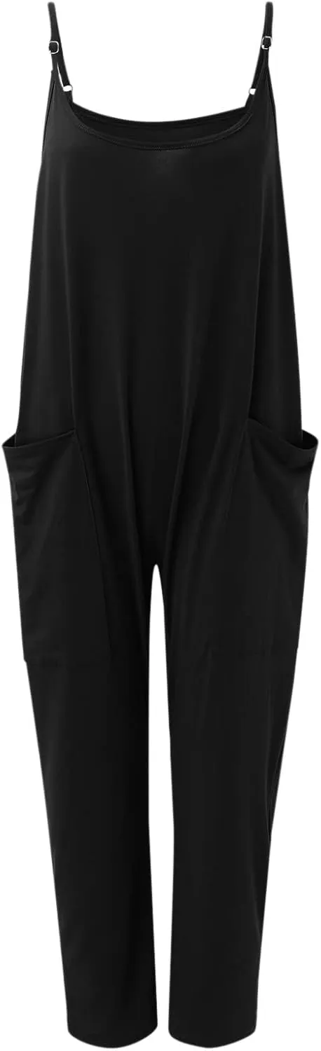 LCMTWX Jumpsuit for Women Casual Loose Sleeveless Adjustable Spaghetti Strap Stretchy Overalls Wide Romper for Womens