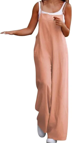 LCMTWX Jumpsuit for Women Casual Loose Sleeveless Adjustable Spaghetti Strap Stretchy Overalls Wide Romper for Womens