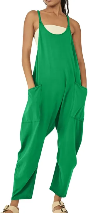 LCMTWX Jumpsuit for Women Casual Loose Sleeveless Adjustable Spaghetti Strap Stretchy Overalls Wide Romper for Womens