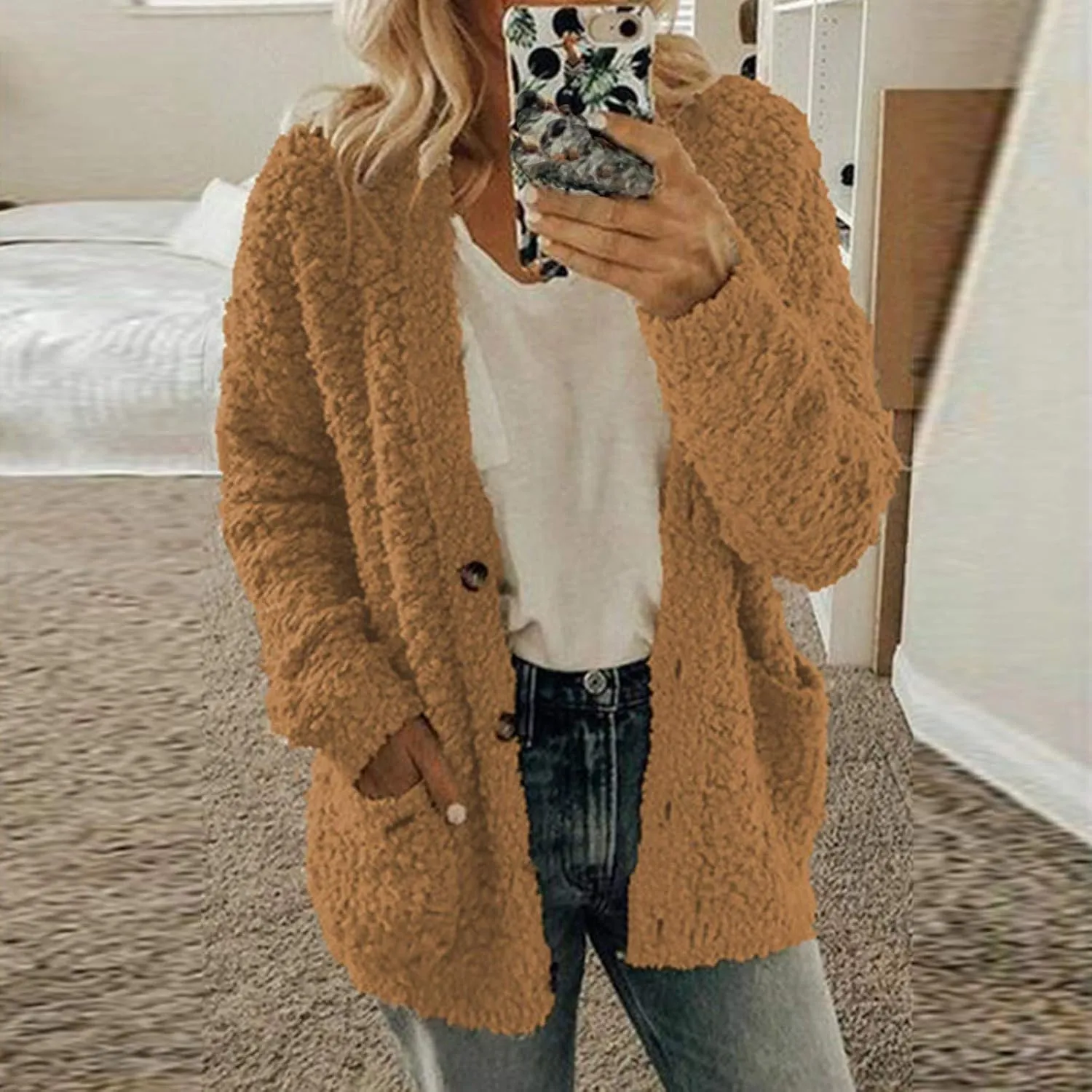 LCMTWX Women's Coats Basic Long Jacket Coat Long Sleeved Jumper with Pockets Winter Coat Women Faux Fur Fur Coats for
