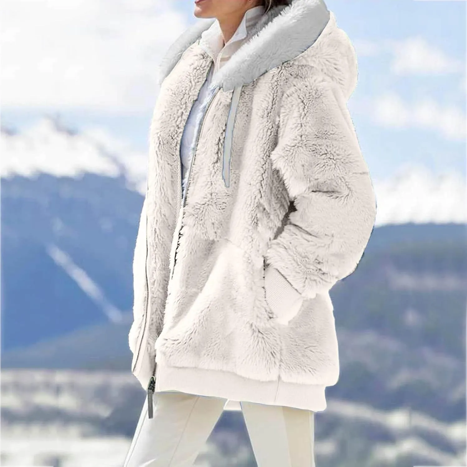 LCMTWX Women's Coats Basic Long Jacket Coat Trendy Color Block Winter Drawstring Hoodie Snow Coat Shaggy Warm Winter Fleece