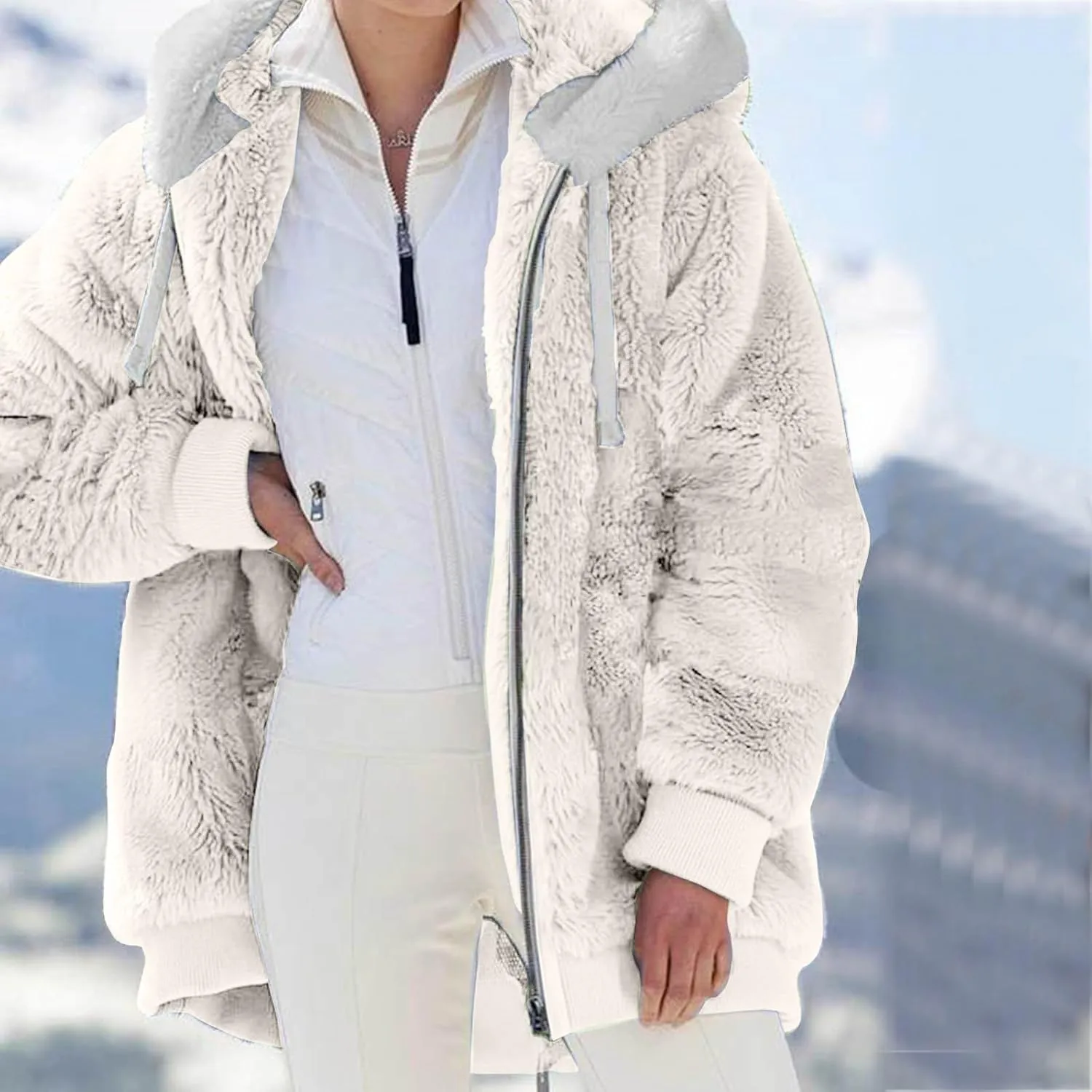 LCMTWX Women's Coats Basic Long Jacket Coat Trendy Color Block Winter Drawstring Hoodie Snow Coat Shaggy Warm Winter Fleece