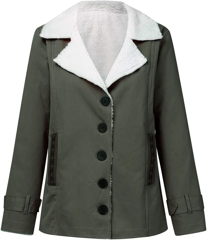 LCMTWX Womens Fuzzy Fleece Jacket Printed Lapel Single-Breasted Long Sleeve Plus Size Outwear Coat Outerwear with Pockets