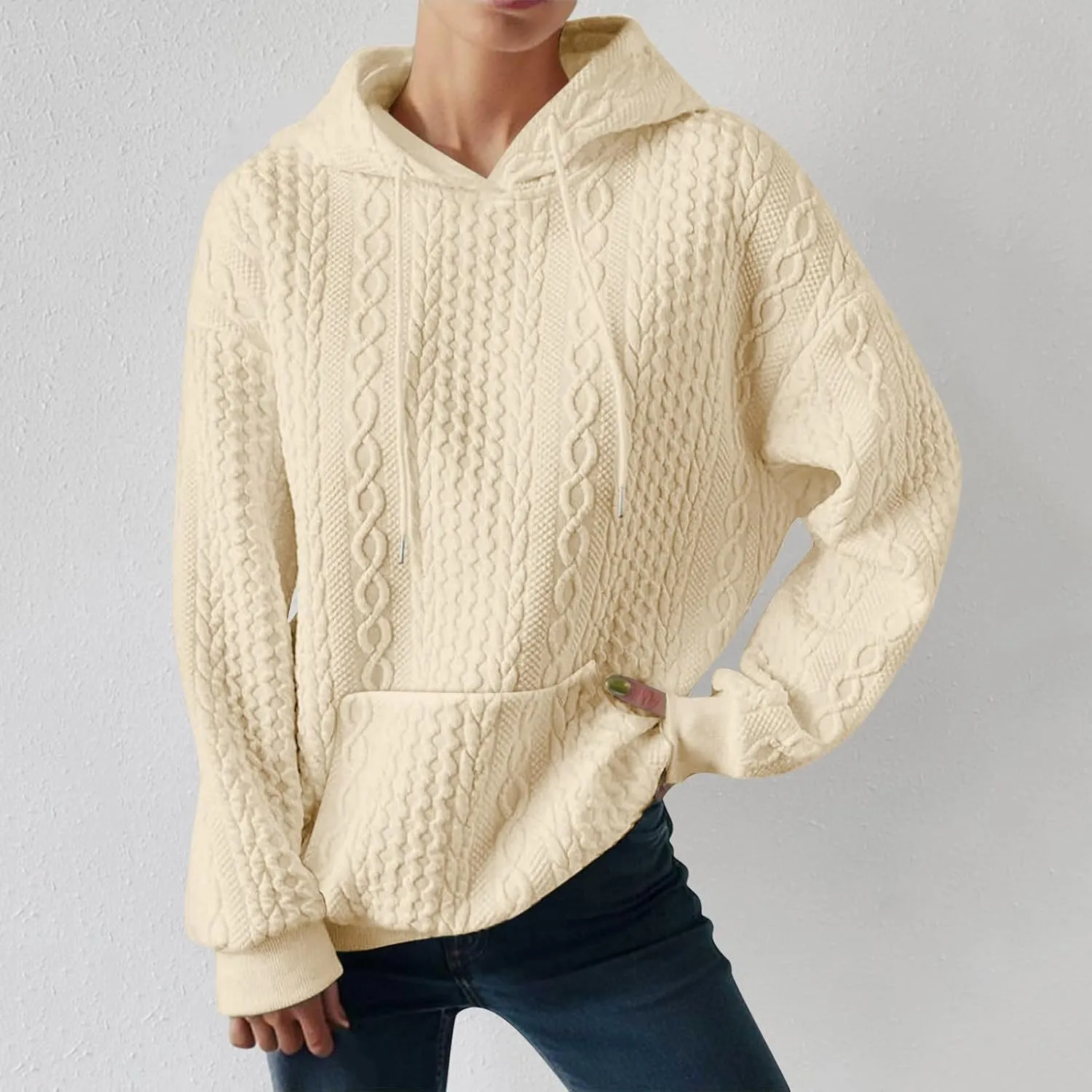 LCMTWX Womens Fuzzy Fleece Jacket Women's New Solid Hooded Thickened Jacquard Long Sleeve Sweater Coat Outerwear with De