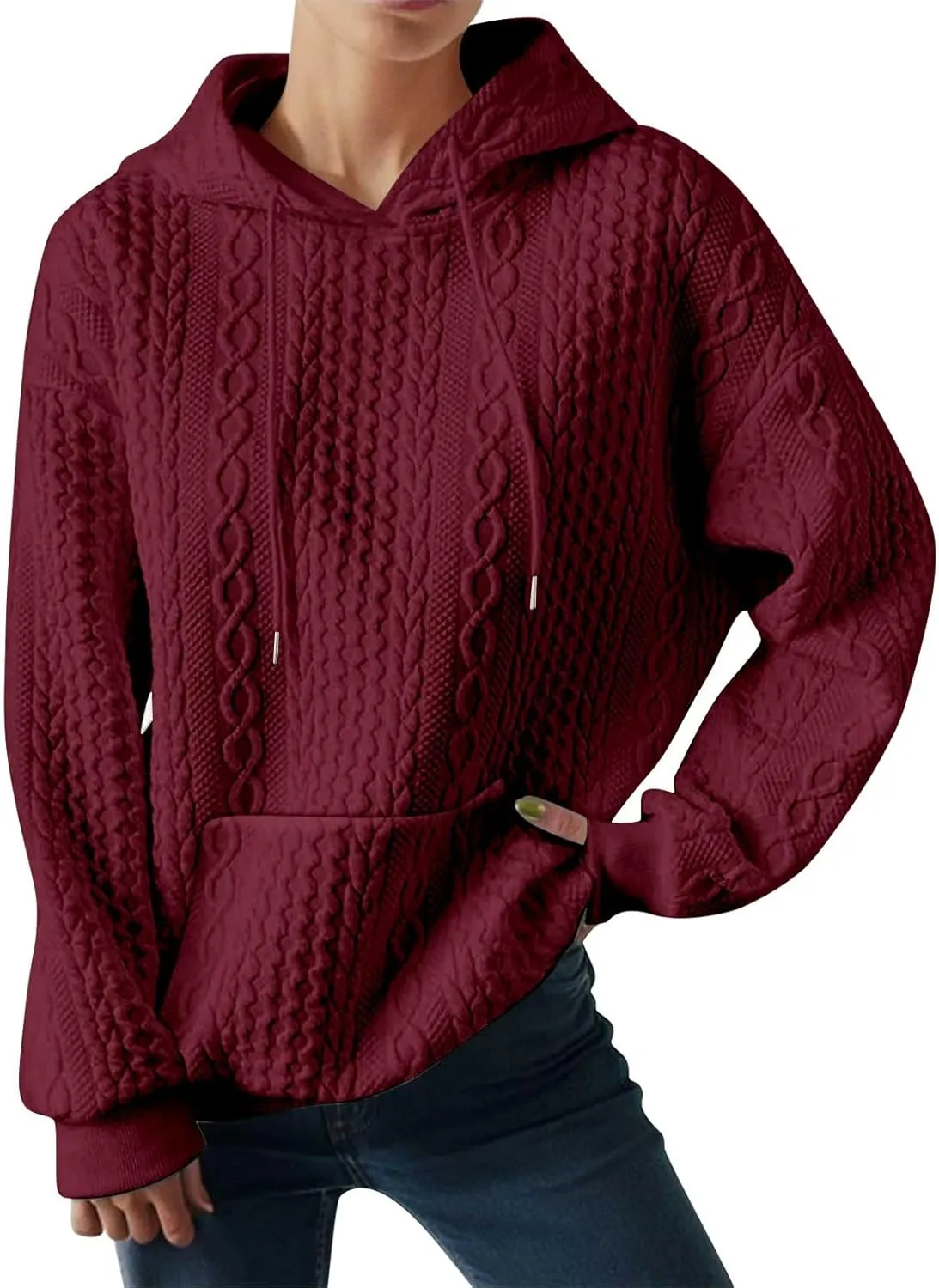 LCMTWX Womens Fuzzy Fleece Jacket Women's New Solid Hooded Thickened Jacquard Long Sleeve Sweater Coat Outerwear with De