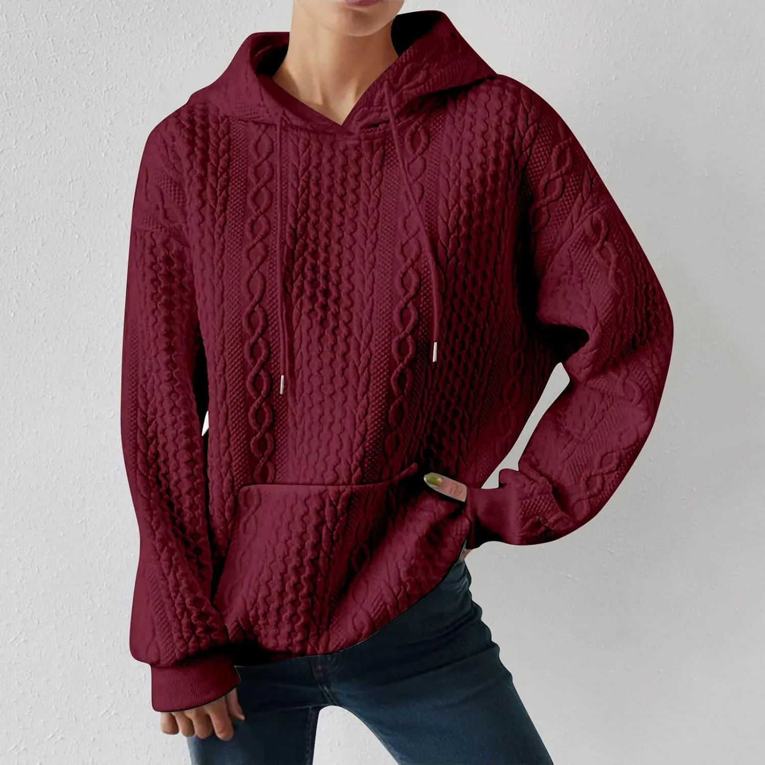 LCMTWX Womens Fuzzy Fleece Jacket Women's New Solid Hooded Thickened Jacquard Long Sleeve Sweater Coat Outerwear with De