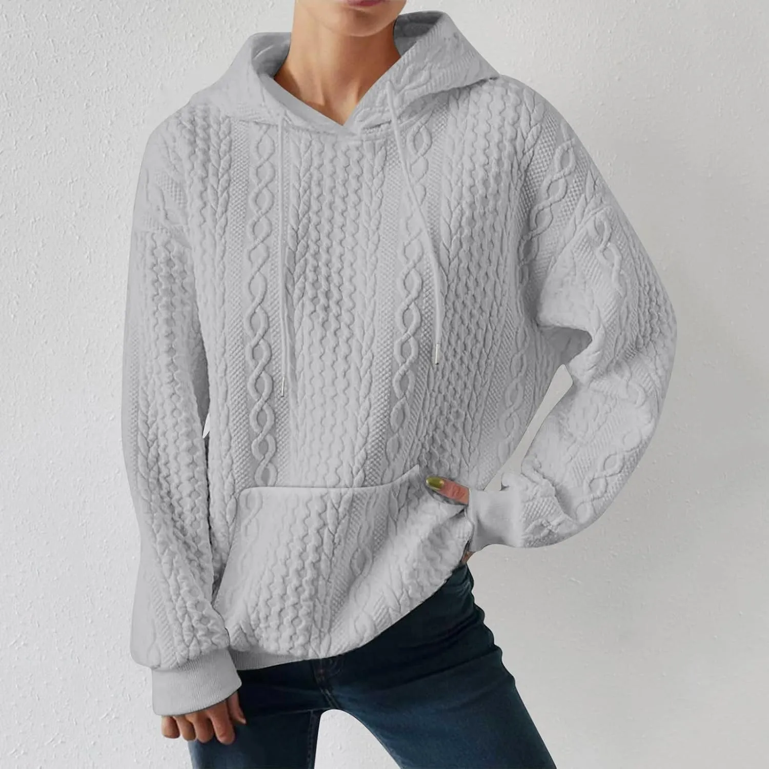 LCMTWX Womens Fuzzy Fleece Jacket Women's New Solid Hooded Thickened Jacquard Long Sleeve Sweater Coat Outerwear with De