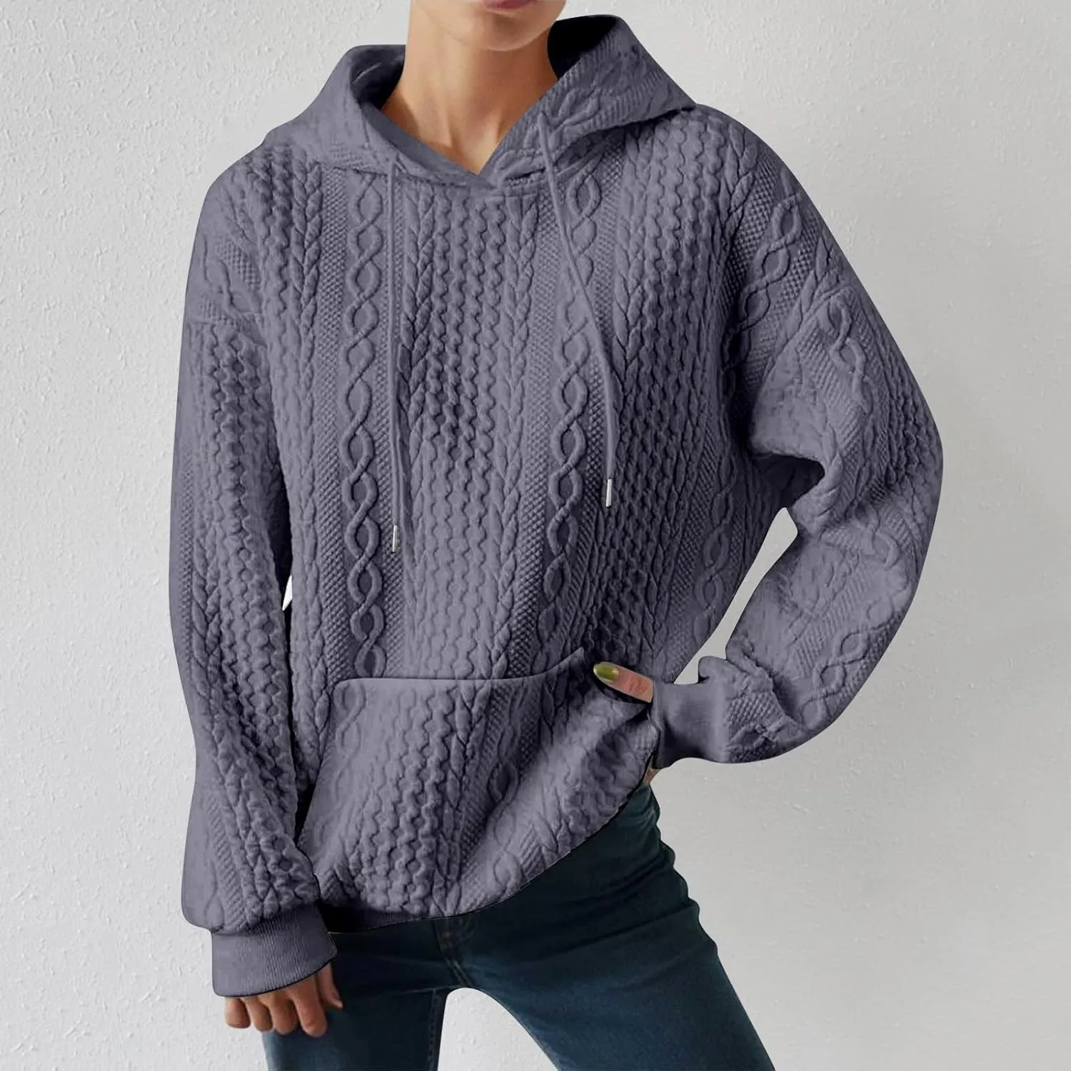 LCMTWX Womens Fuzzy Fleece Jacket Women's New Solid Hooded Thickened Jacquard Long Sleeve Sweater Coat Outerwear with De
