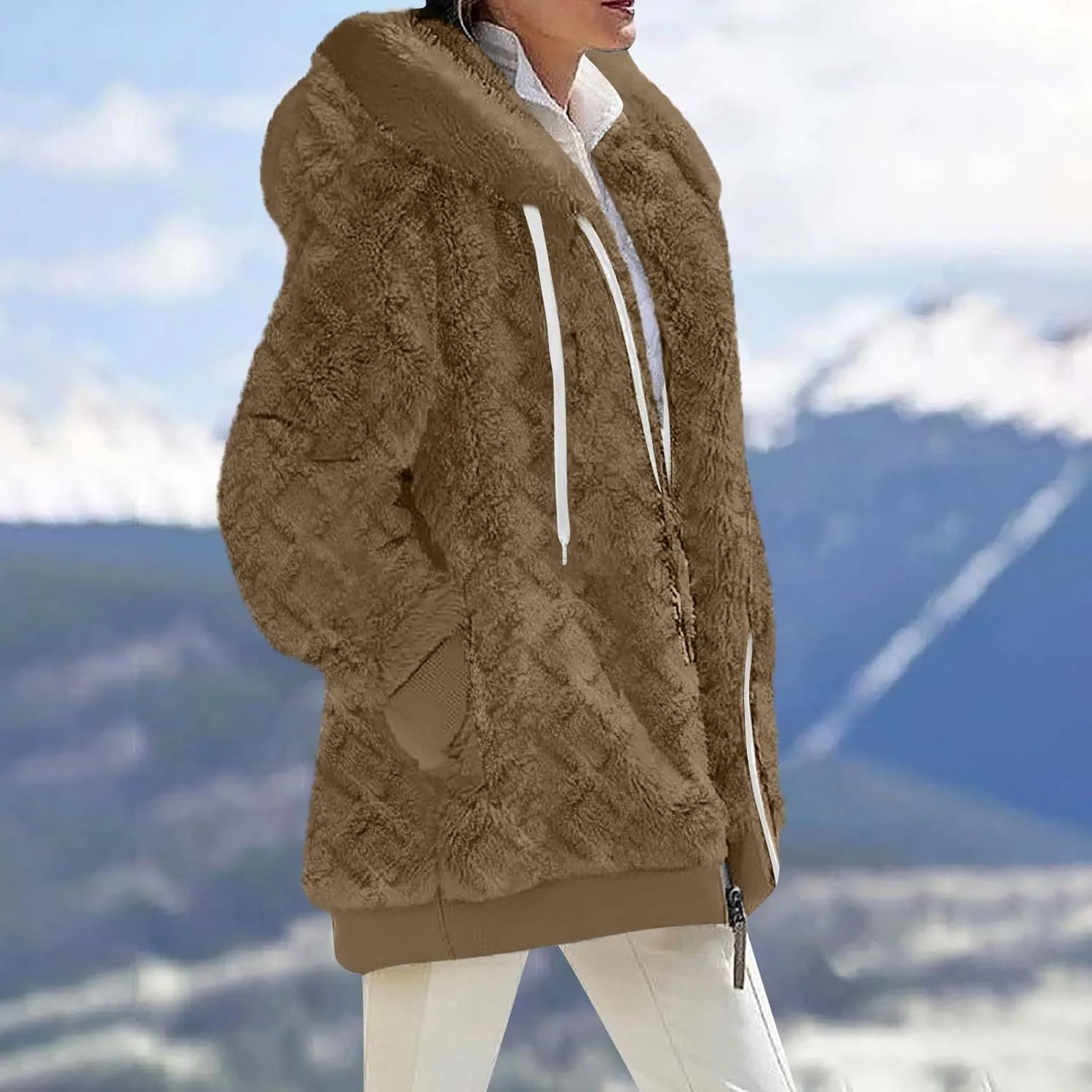 LCMTWX Womens Winter Fuzzy Fleece Jacket Outdoor Slim Outwear Office Casual Plush Cardigan Trendy Overcoat Hooded Coats
