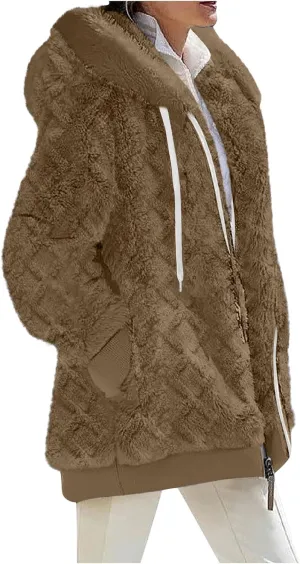 LCMTWX Womens Winter Fuzzy Fleece Jacket Outdoor Slim Outwear Office Casual Plush Cardigan Trendy Overcoat Hooded Coats