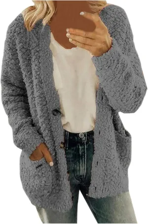 LCMTWX Womens Winter Fuzzy Fleece Jacket Outdoor Slim Outwear Office Casual Plush Cardigan Trendy Overcoat Hooded Coats