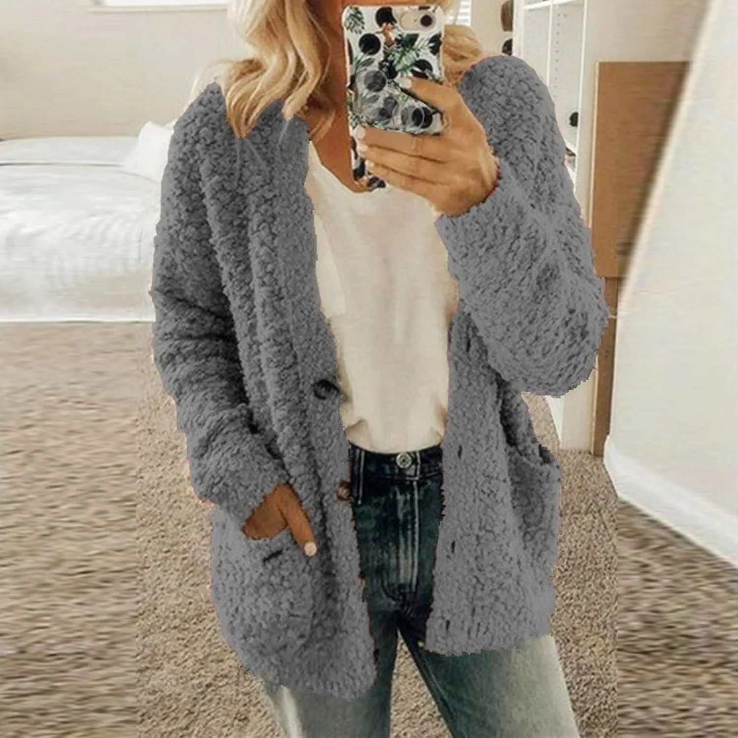 LCMTWX Womens Winter Fuzzy Fleece Jacket Outdoor Slim Outwear Office Casual Plush Cardigan Trendy Overcoat Hooded Coats