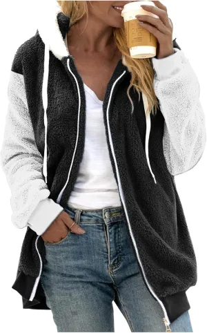 LCMTWX Womens Winter Jacket Coats Solid Color Artificial Wool Zipper Drawstring Long-Sleeved Thermal Sweatshirt Outerwear