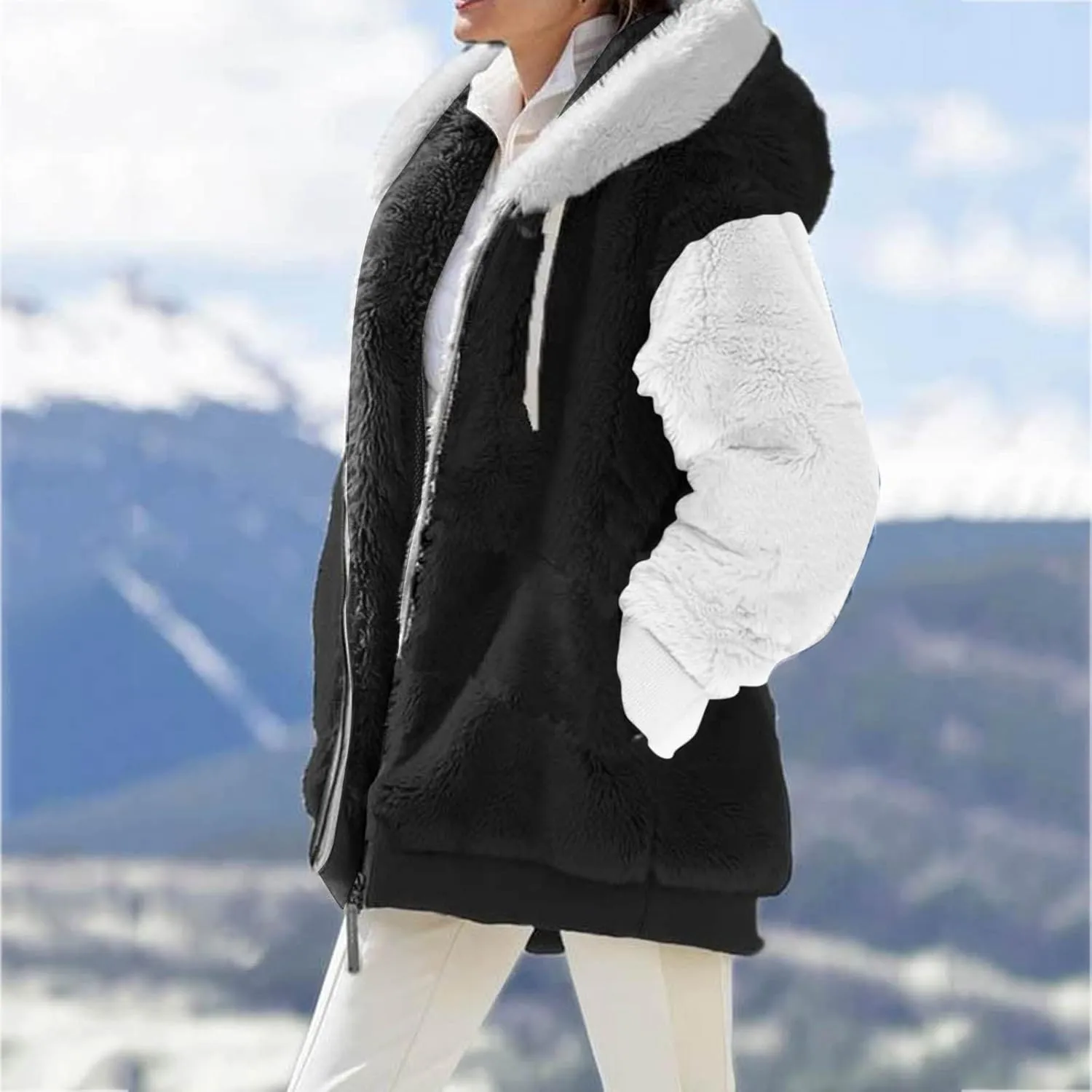 LCMTWX Womens Winter Jacket Coats Solid Color Artificial Wool Zipper Drawstring Long-Sleeved Thermal Sweatshirt Outerwear
