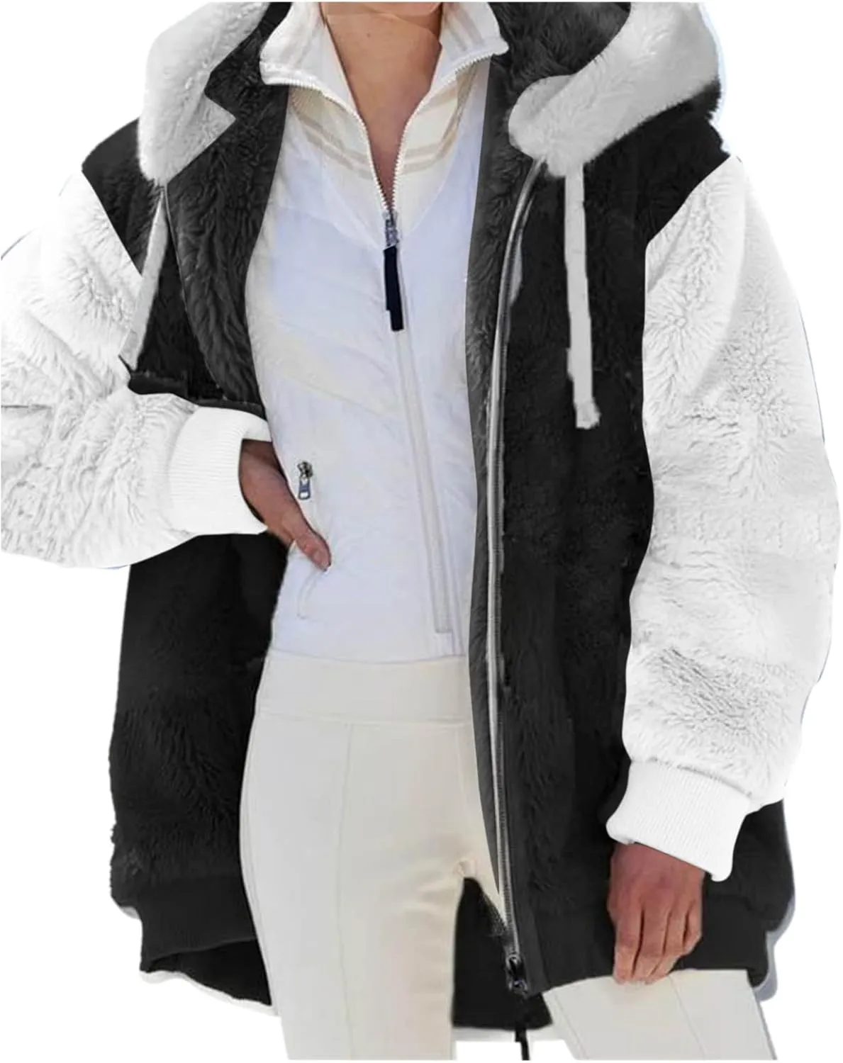 LCMTWX Womens Winter Jacket Coats Solid Color Artificial Wool Zipper Drawstring Long-Sleeved Thermal Sweatshirt Outerwear