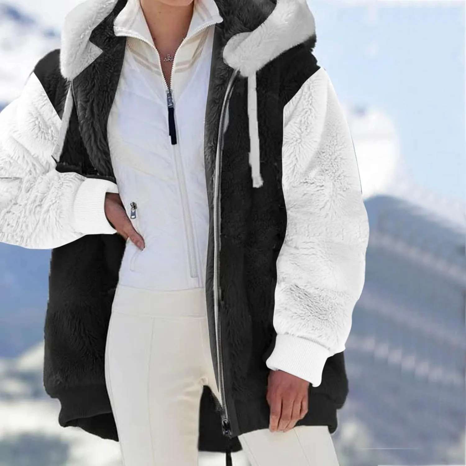 LCMTWX Womens Winter Jacket Coats Solid Color Artificial Wool Zipper Drawstring Long-Sleeved Thermal Sweatshirt Outerwear