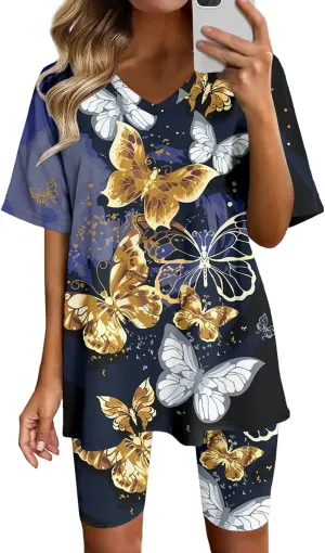 LCMTWX Workout Sets For Women Two Piece Outfits For Women Short Sleeve Casual Biker Shorts Set Workout Sets For Women