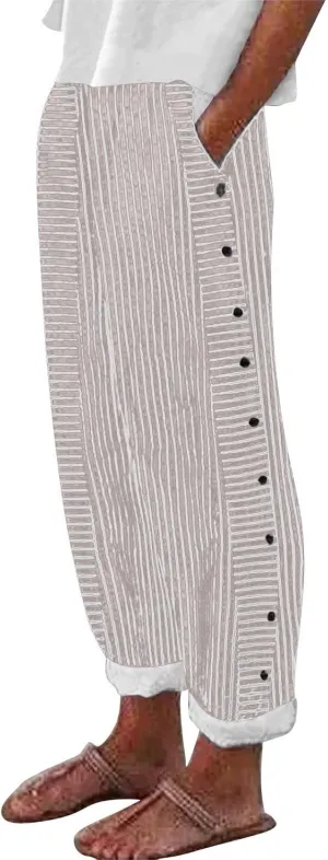 Linen Pants for Women 2025 Plus Size Trendy Striped Spring Summer Gauze Pants Casual Elastic Waist Comfy Trousers