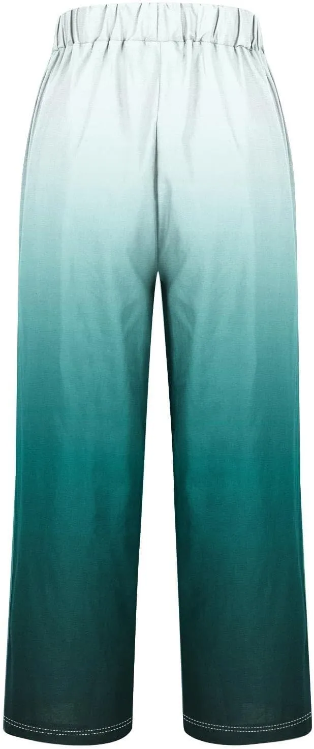 Linen Pants for Women Plus Size Summer Elastic Waist Straight Leg Pants Casual Lightweight Boho Beach Trousers with Pockets