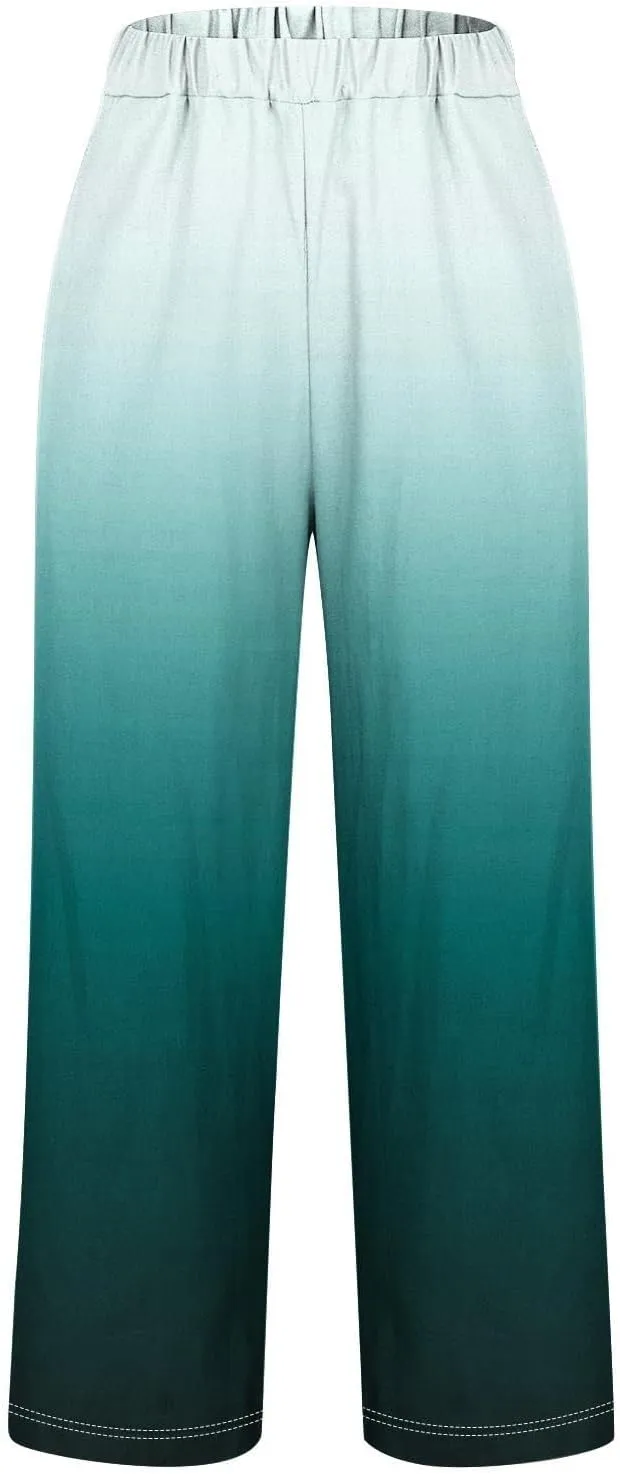 Linen Pants for Women Plus Size Summer Elastic Waist Straight Leg Pants Casual Lightweight Boho Beach Trousers with Pockets