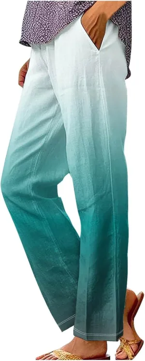 Linen Pants for Women Plus Size Summer Elastic Waist Straight Leg Pants Casual Lightweight Boho Beach Trousers with Pockets