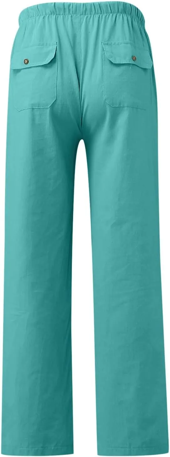 Linen Pants Women 2025 Casual Hight Waist Drawstring Joggers Plus Size Loose Wide Leg Baggy Summer Solid Linen Pants