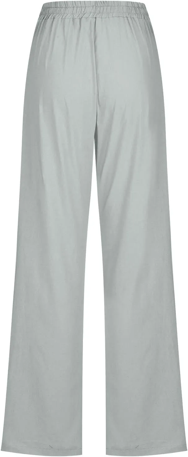 Linen Pants Women Fall Long Pant with Pockets Solid Color Elastic Waist Trousers Plus Size Wide Leg Sweatpants