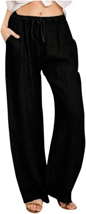 Linen Pants Women Fall Long Pant with Pockets Solid Color Elastic Waist Trousers Plus Size Wide Leg Sweatpants
