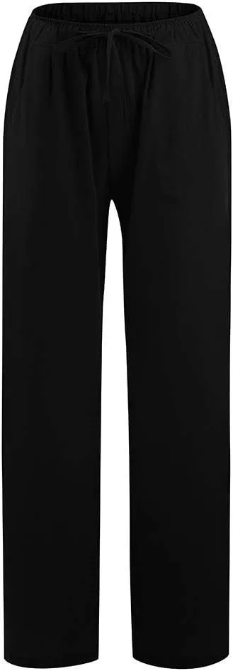 Linen Pants Women Fall Long Pant with Pockets Solid Color Elastic Waist Trousers Plus Size Wide Leg Sweatpants