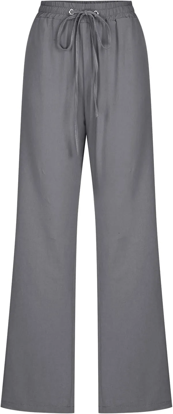 Linen Pants Women Fall Long Pant with Pockets Solid Color Elastic Waist Trousers Plus Size Wide Leg Sweatpants