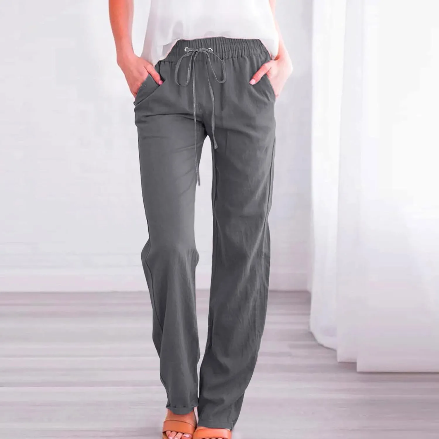 Linen Pants Women Fall Long Pant with Pockets Solid Color Elastic Waist Trousers Plus Size Wide Leg Sweatpants