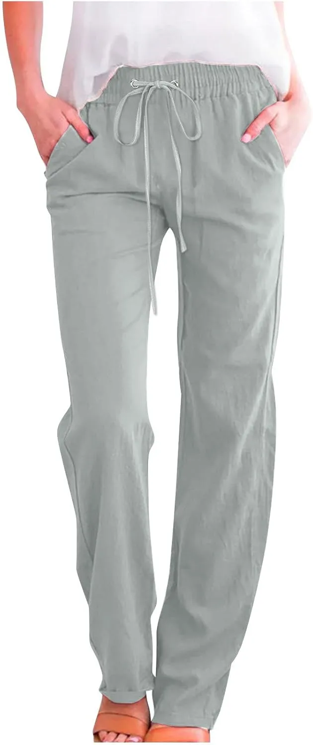Linen Pants Women Fall Long Pant with Pockets Solid Color Elastic Waist Trousers Plus Size Wide Leg Sweatpants