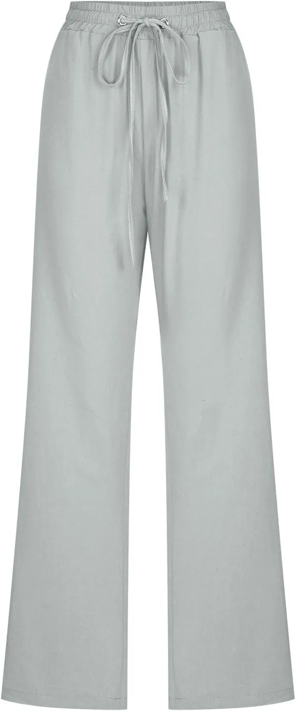 Linen Pants Women Fall Long Pant with Pockets Solid Color Elastic Waist Trousers Plus Size Wide Leg Sweatpants