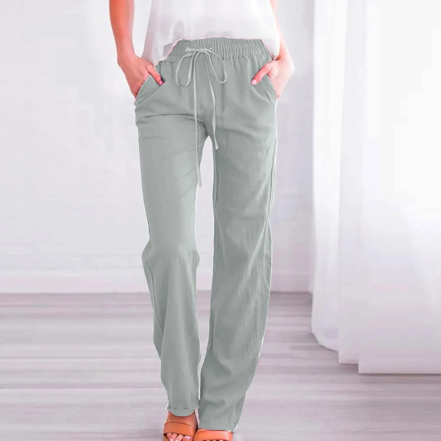 Linen Pants Women Fall Long Pant with Pockets Solid Color Elastic Waist Trousers Plus Size Wide Leg Sweatpants