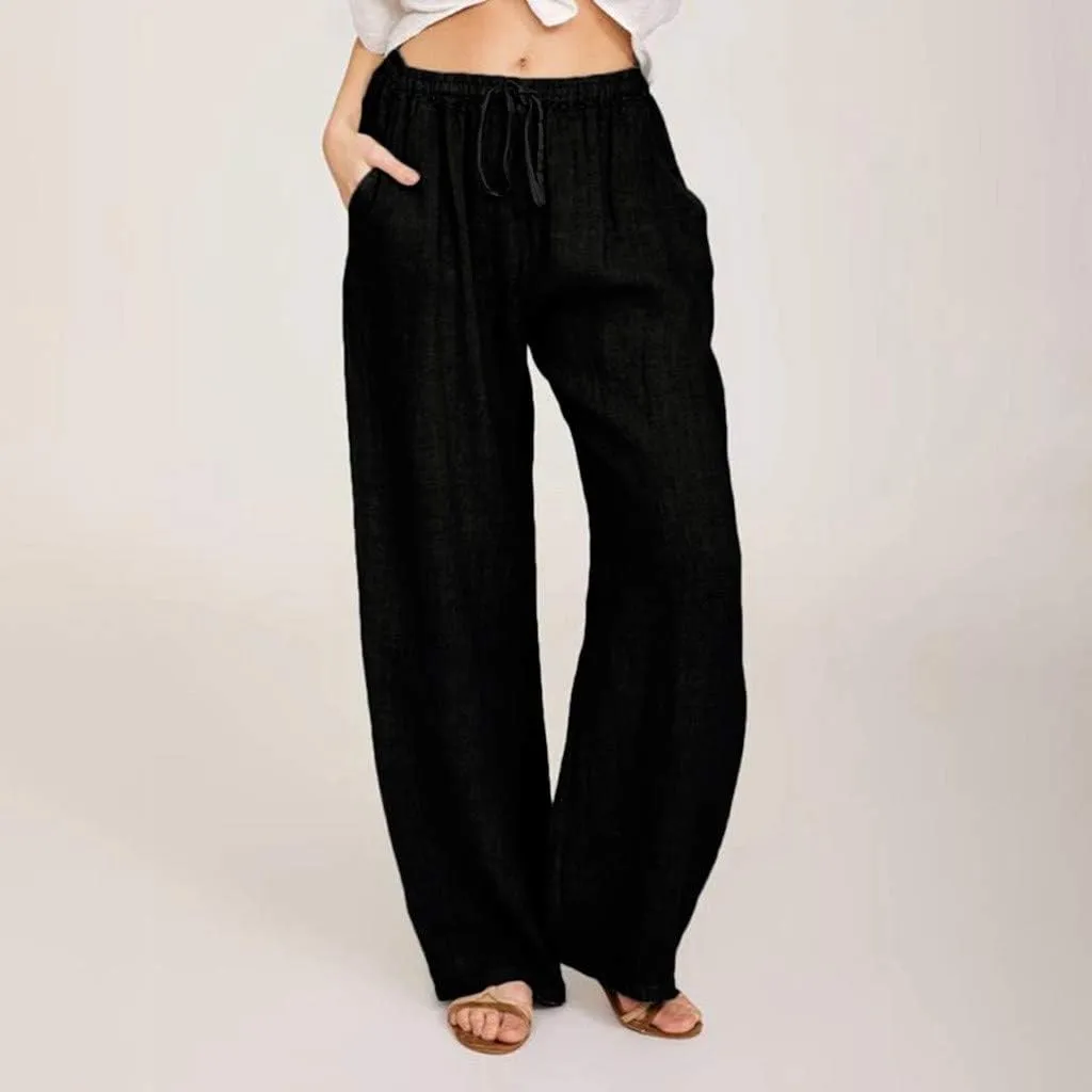 Linen Pants Women Fall Long Pant with Pockets Solid Color Elastic Waist Trousers Plus Size Wide Leg Sweatpants