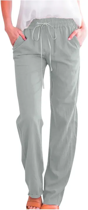 Linen Pants Women Fall Long Pant with Pockets Solid Color Elastic Waist Trousers Plus Size Wide Leg Sweatpants