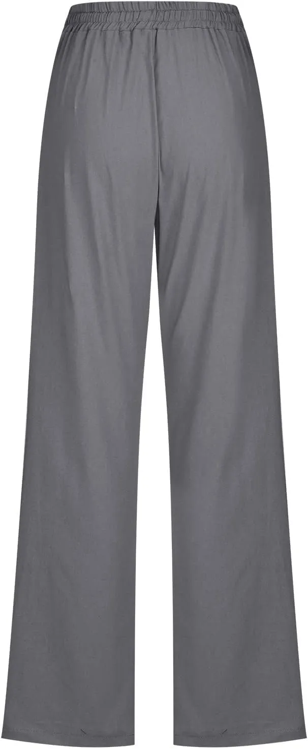 Linen Pants Women Fall Long Pant with Pockets Solid Color Elastic Waist Trousers Plus Size Wide Leg Sweatpants