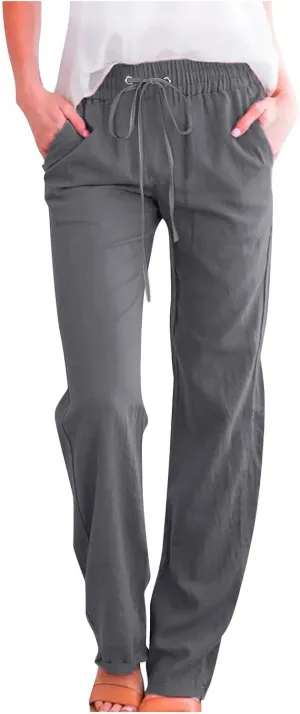 Linen Pants Women Fall Long Pant with Pockets Solid Color Elastic Waist Trousers Plus Size Wide Leg Sweatpants