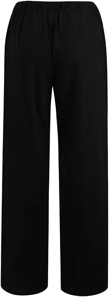 Linen Pants Women Fall Long Pant with Pockets Solid Color Elastic Waist Trousers Plus Size Wide Leg Sweatpants