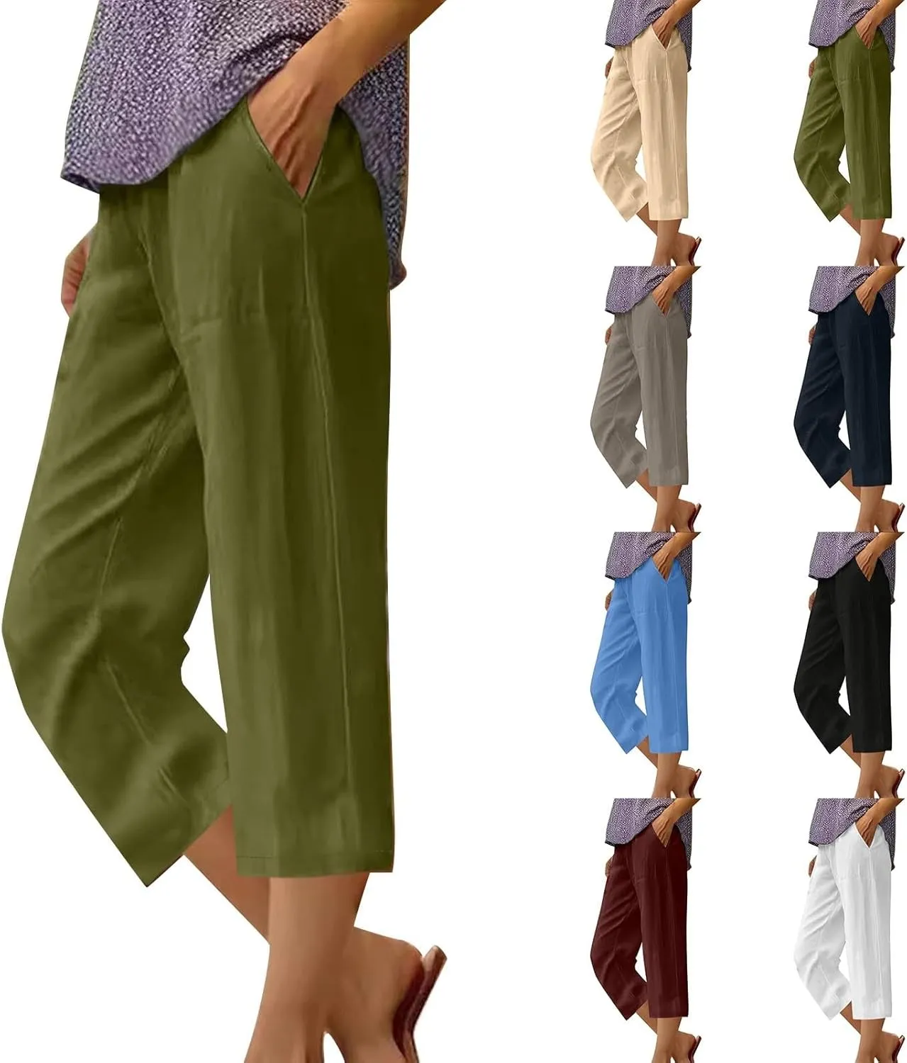 Linen Pants Women,Summer Capri Casual Drawstring Elastic Waist,Straight Wide Leg Pants Cotton Trousers with Pocket