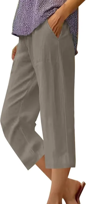 Linen Pants Women,Summer Capri Casual Drawstring Elastic Waist,Straight Wide Leg Pants Cotton Trousers with Pocket