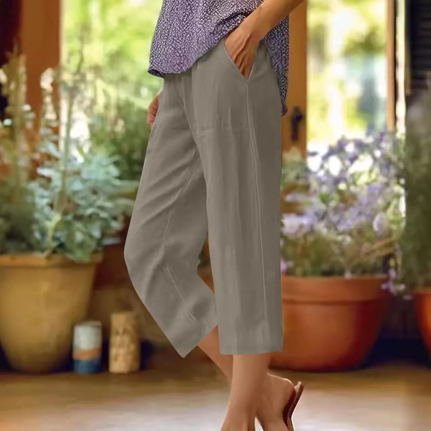 Linen Pants Women,Summer Capri Casual Drawstring Elastic Waist,Straight Wide Leg Pants Cotton Trousers with Pocket