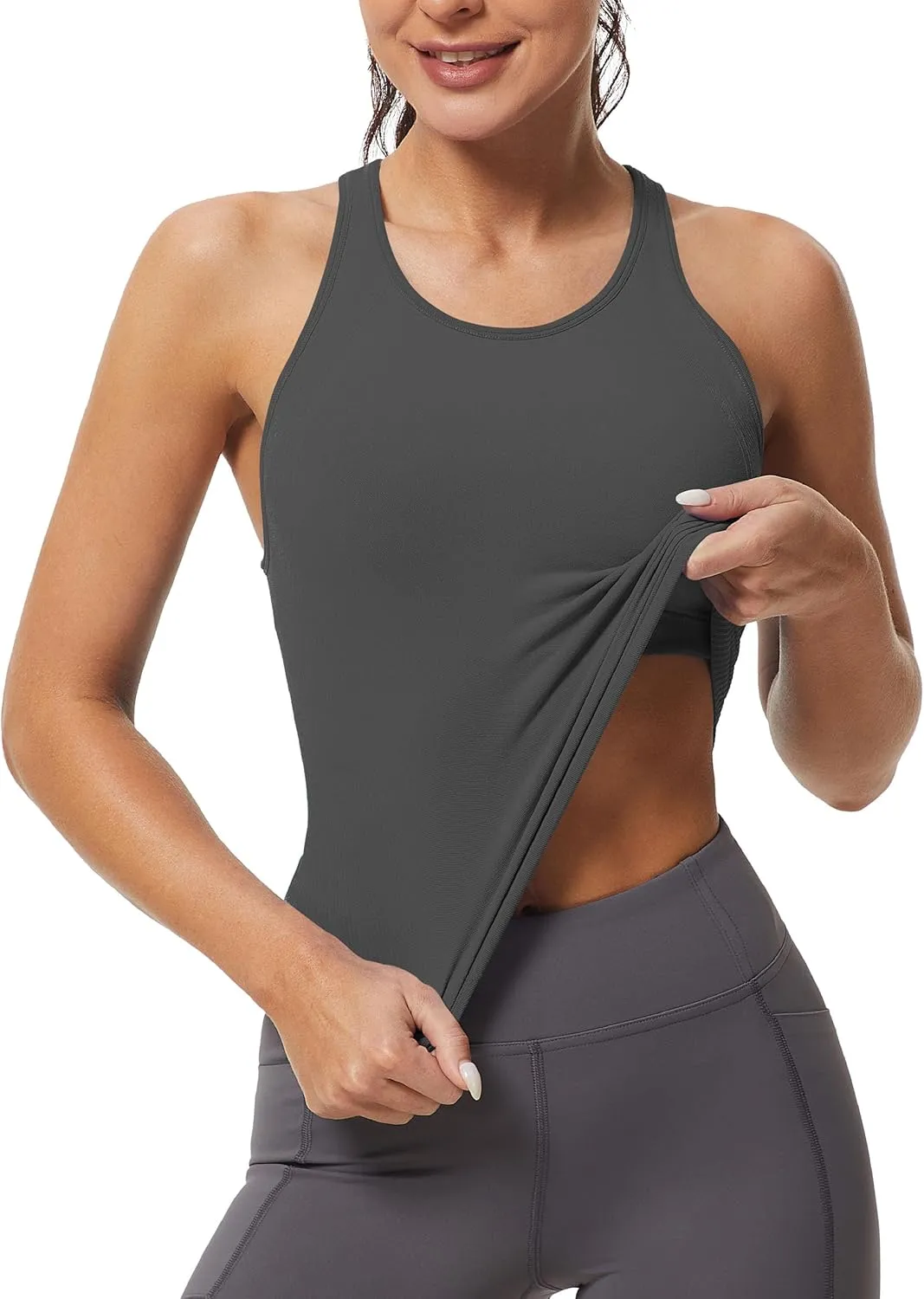 MathCat Workout Tank Tops for Women Racerback Basic Running Tanks Seamless Muscle Athletic Yoga Tops with Built in Bra Grey
