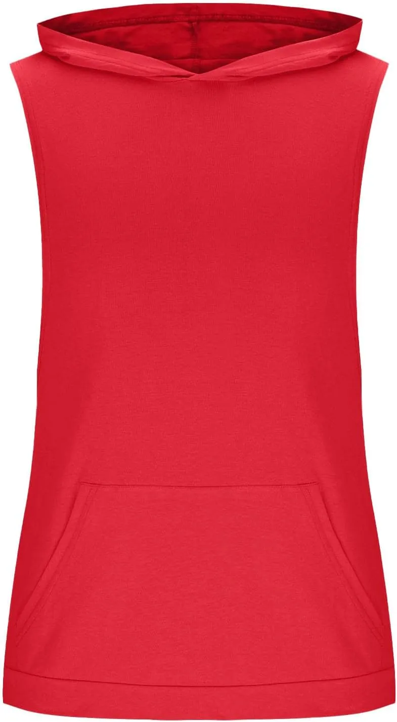 Men Cotton Muscle Cut Off Hooded Tank Tops, Solid Color Basic Bodybuilding Training Hoodies Sleeveless Loose Pockets Tees