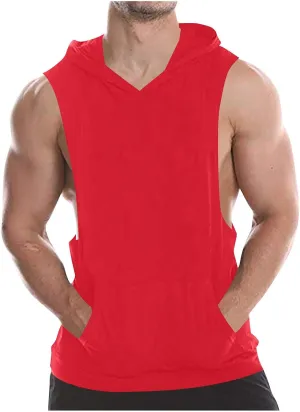 Men Cotton Muscle Cut Off Hooded Tank Tops, Solid Color Basic Bodybuilding Training Hoodies Sleeveless Loose Pockets Tees